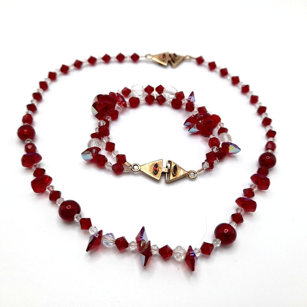 Vintage Red Crystal Necklace Bracelet Set Artisan Rhinestone Clasp